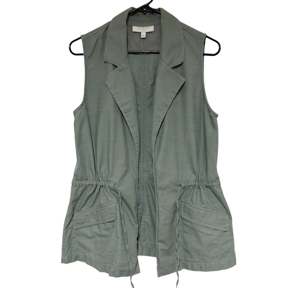 TALBOTS Open Front Vest Cinched Waist Light Sage Green Size Medium Petite